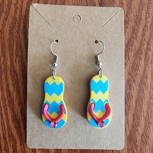 Yellow and Blue Flip Flop Stainless Steel Fishhook Earrings - Picture 1 of 5